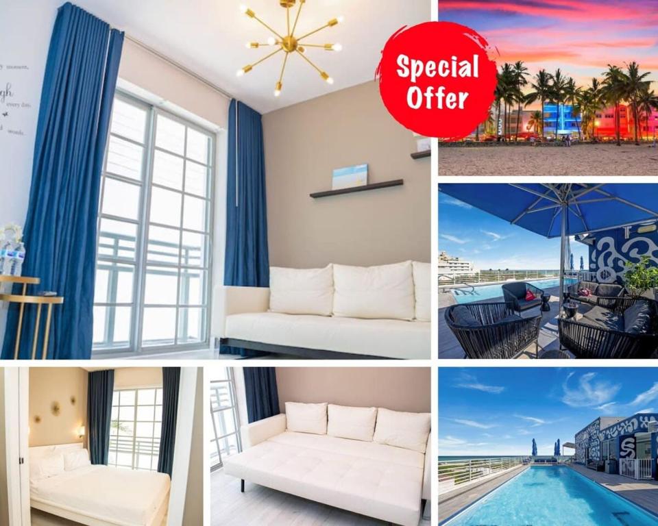 een collage van foto's van een hotelkamer bij Spacious Studio Rooftop Pool & Bar with Ocean View in Miami Beach