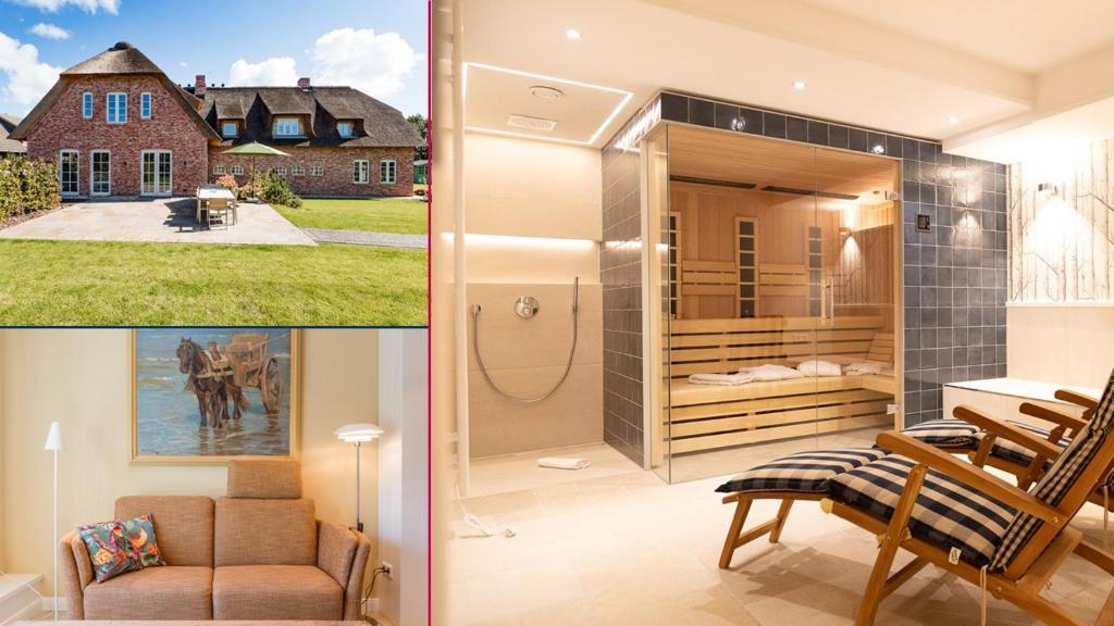 two pictures of a room with a horse in a house at Hummerklippen a in Süderende