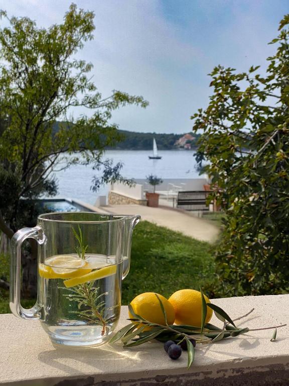 a glass pitcher of lemonade on a table with lemons at Villa Delfin Rab in Supetarska Draga