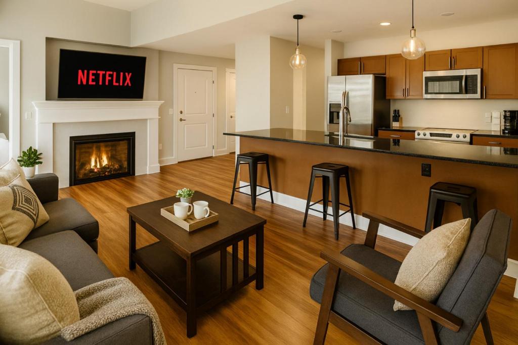 a living room with a kitchen and a fireplace at Stylish Luxe Suite Rock Hall, Stadiums, Casino in Cleveland