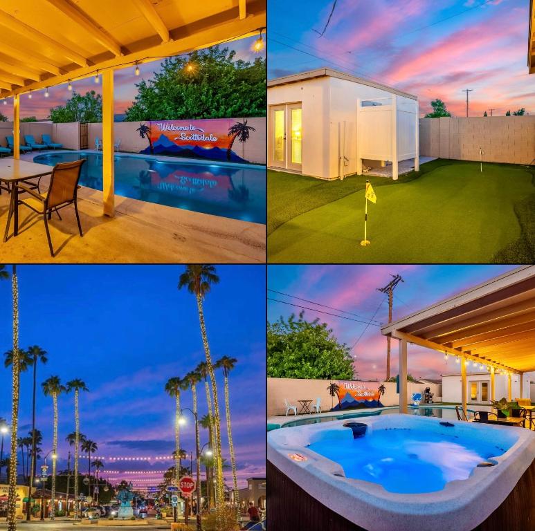 un collage di foto con una piscina e palme di Scottsdale 5 Bedroom Vacation Home with Pool, Hot Tub, and Mini Golf Near Old Town Entertainment and Dining! Great for Families! Near Airport a Scottsdale