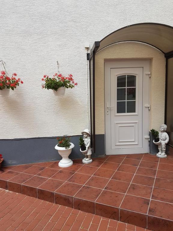 a front door of a house with two flower pots at Hotel Restaurant Rhodos in Elsterwerda