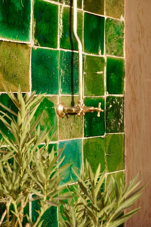 un mur carrelé vert avec un tuyau d'arrosage dans l'établissement Riad Tzarra, à Marrakech