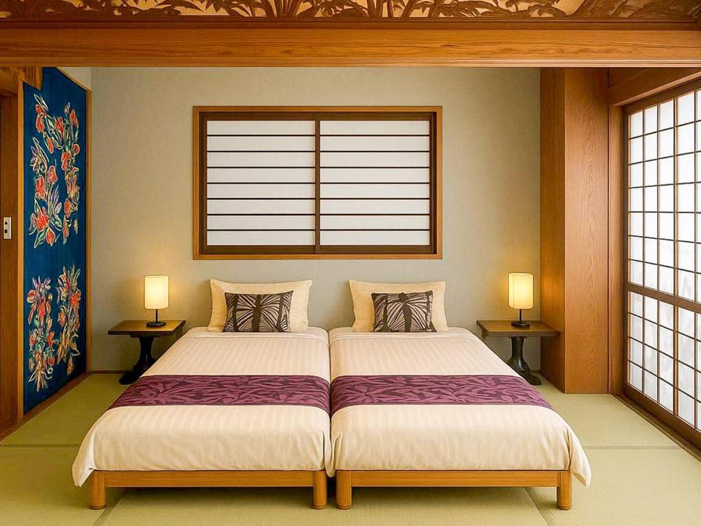 a bedroom with two beds and two windows at Lavilla aveneu / Vacation STAY 76037 in Okinawa City