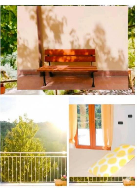 a collage of pictures of a bench next to a window at L'angolo segreto di Beltiglio in Beltiglio San Giovanni