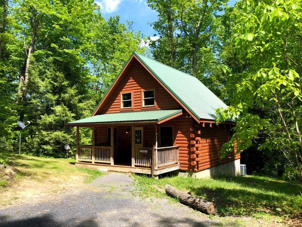une cabane en rondins avec une véranda et un toit vert dans l'établissement Secluded Cabin Rental in the Forest near Beckley, West Virginia, à Hico
