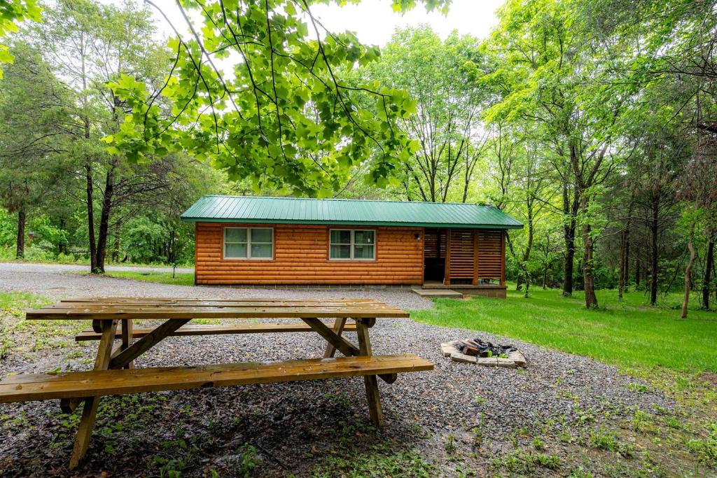 una cabaña con una mesa de picnic delante de ella en Sublime Cabin with Hot-tub and Fire Pit in Herold, Illinois, en Karbers Ridge
