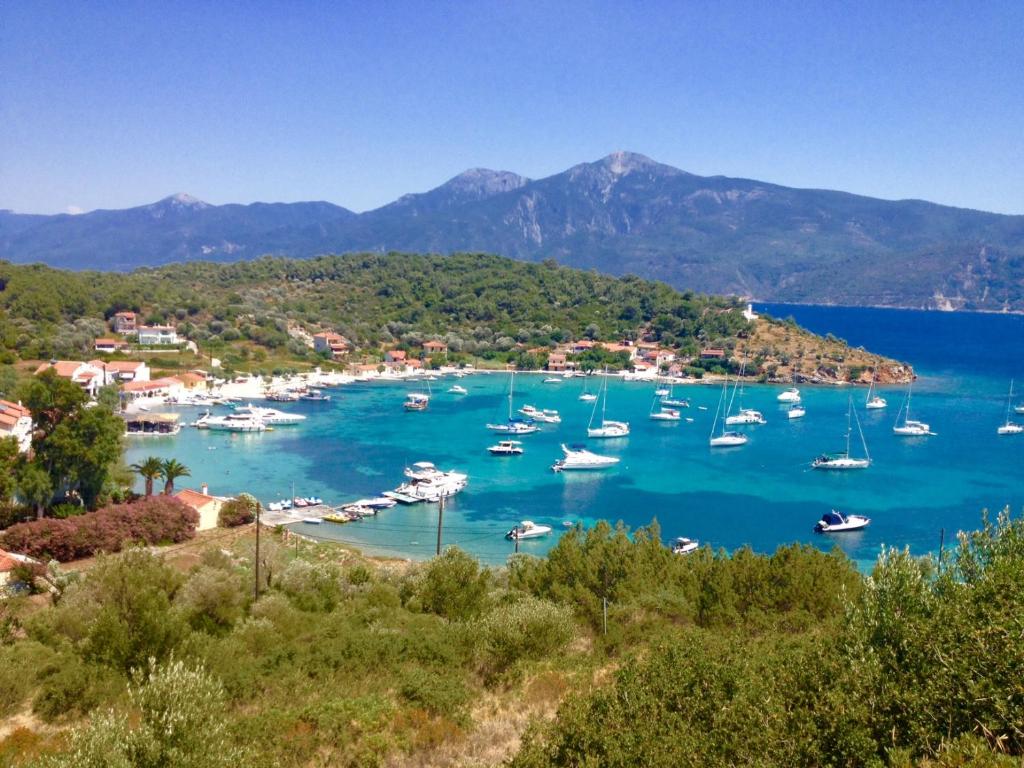 a view of a harbor with boats in the water at Posidonio Hotel in Klíma