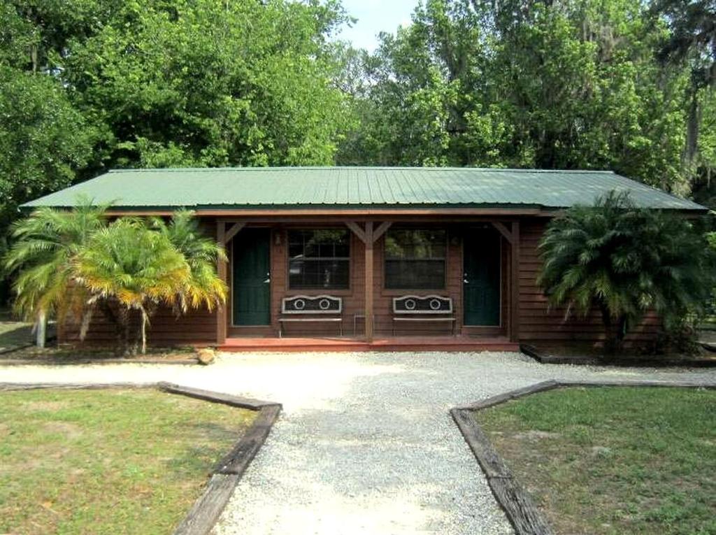 a cabin with a green roof and two palm trees at Picturesque Cabin Incredible for a Holiday Escape in Inverness, Florida in Inverness