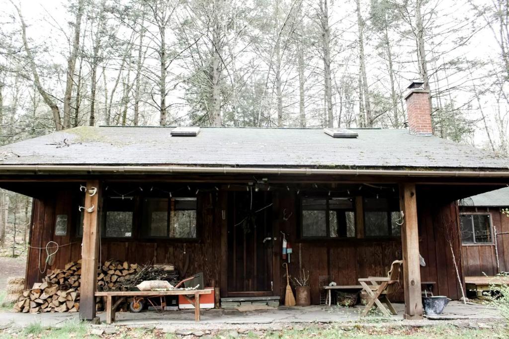 une cabane en bois avec un tas de bois pour le feu dans l'établissement Rustic Cabin Retreat on the Ten Mile River in Narrowsburg, New York, à Lava