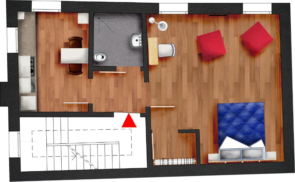 planta de un pequeño apartamento con habitación en Appartamento Goldoni, en Venecia