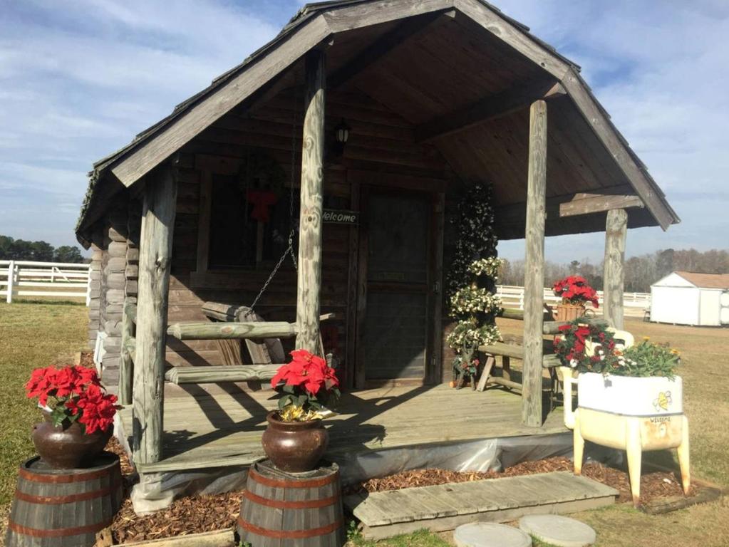 a wooden cabin with red flowers in a field at Rustic Cabin Rental on Secluded Farmland near Raleigh, North Carolina in Dunn