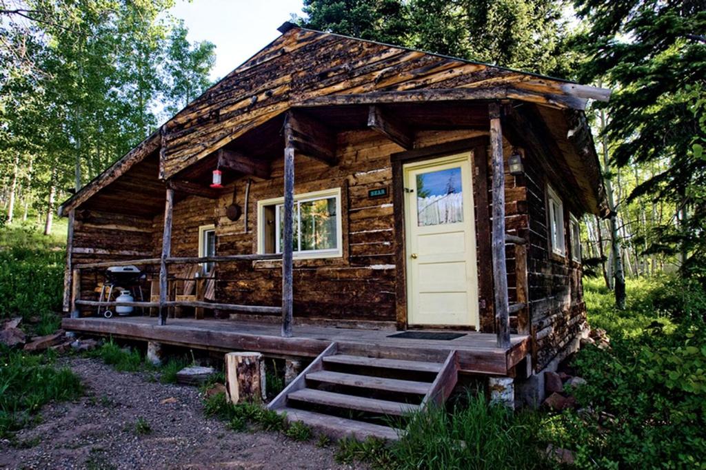 a small log cabin with a door and a porch at Secluded Cabin Rental with Mountain Views in Clark, Northern Colorado in Columbine
