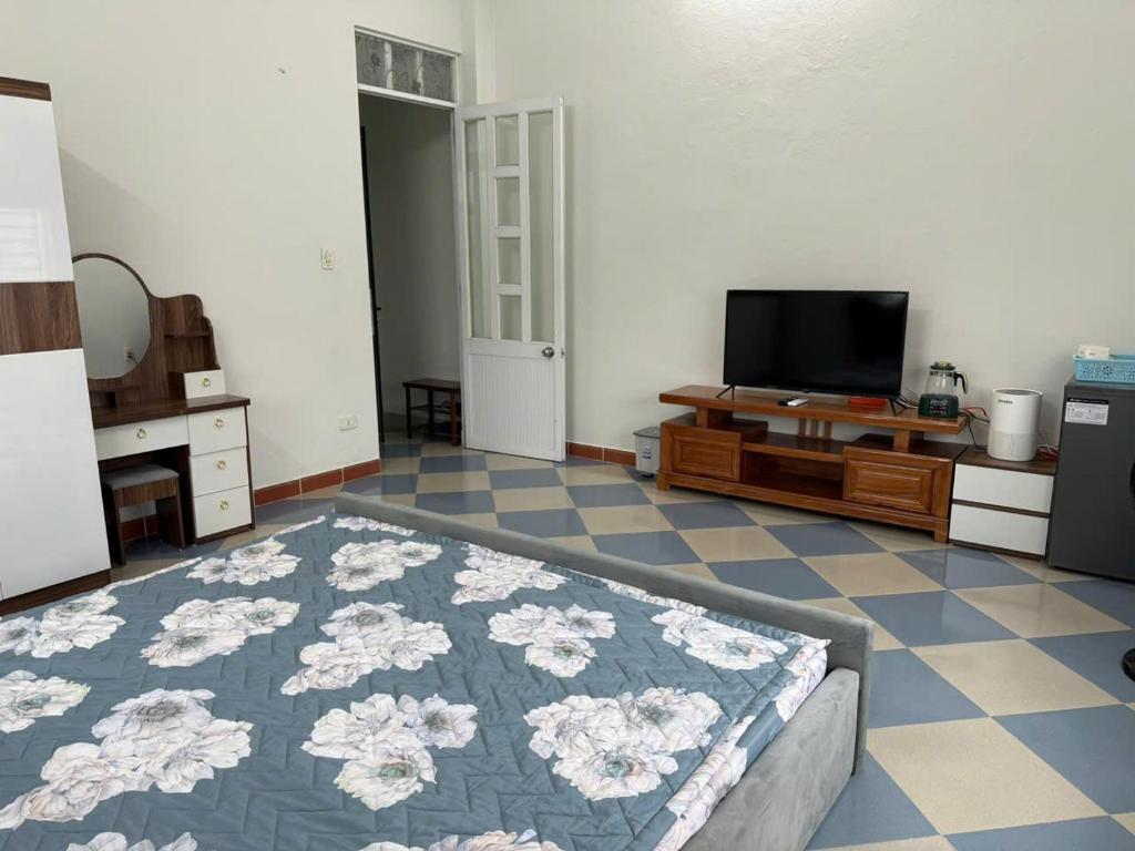 a living room with a bed and a tv at TH Homestay in Da Nang