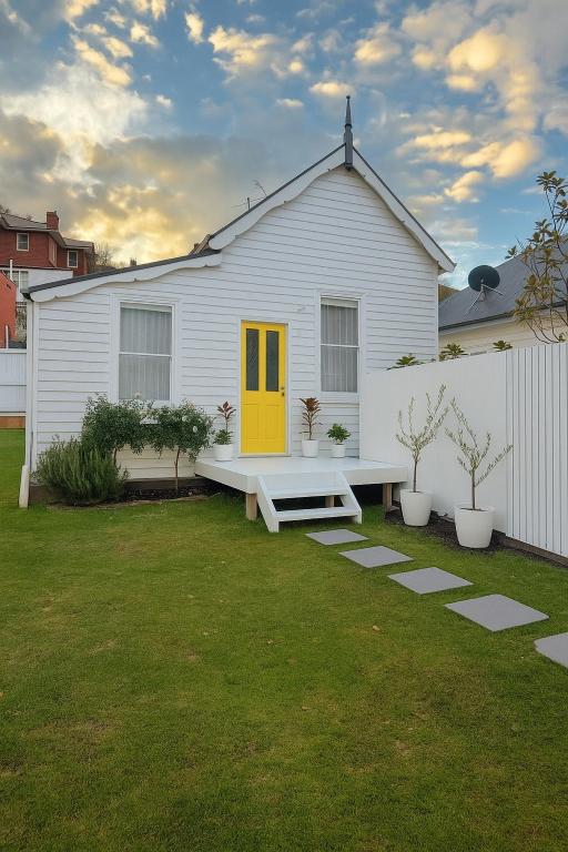 a white house with a yellow door in a yard at The Piccolo Cottage in Hobart