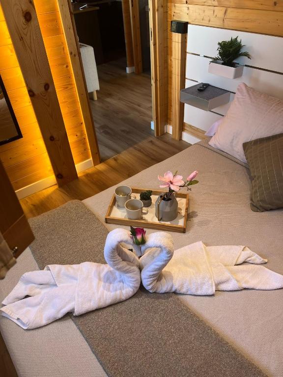 Tijoco de AbajoGándara lodge的一间带床、毛巾和托盘的房间