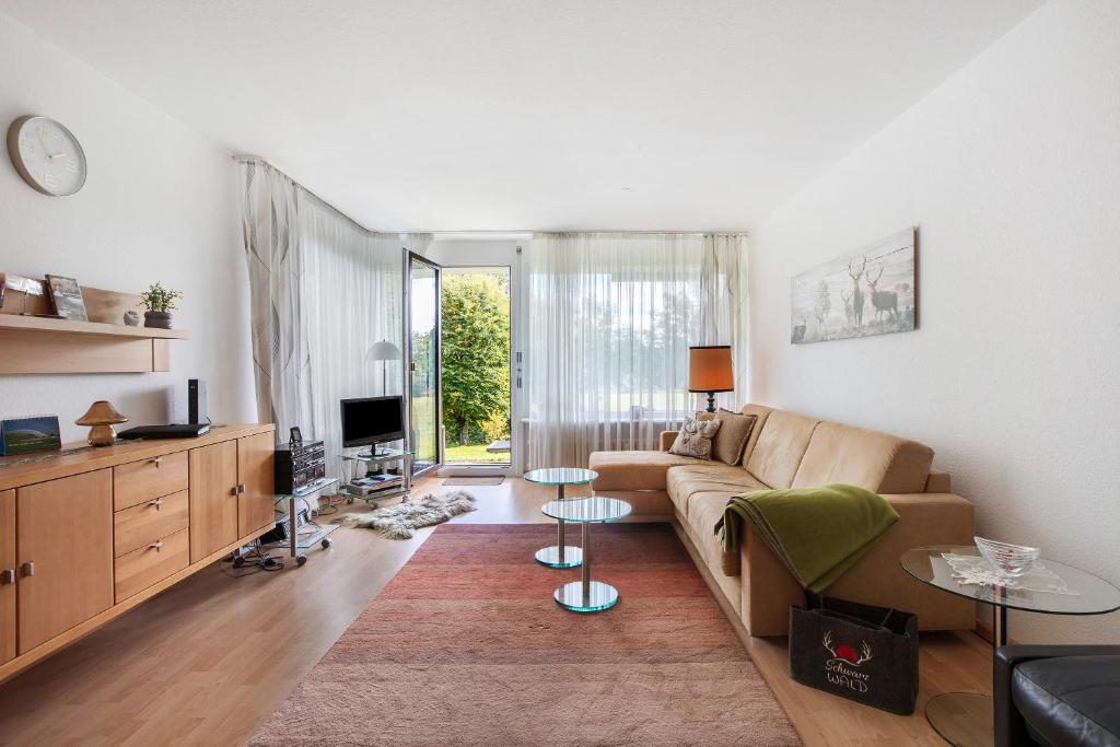 Una sala de estar con un sofá y un televisor. en Fewo Waldfee, en Höchenschwand