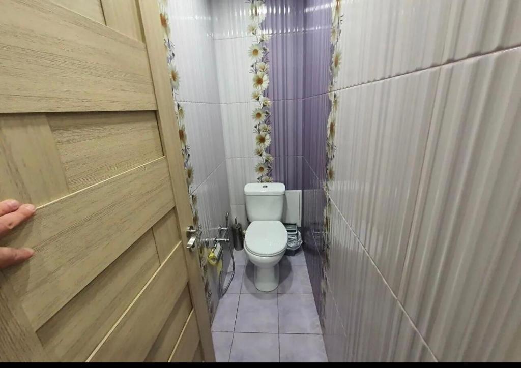 Un baño con inodoro y puerta de madera. en Eznik Koghbaci, en Ereván