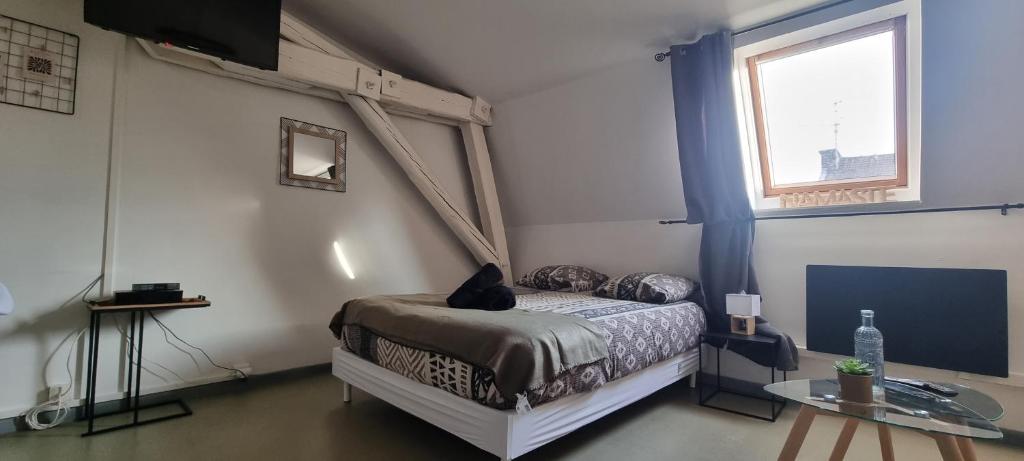 a bedroom with a bed with a cat sitting on it at T1 rénové 24m2 Cosy Confort ! in Anzin