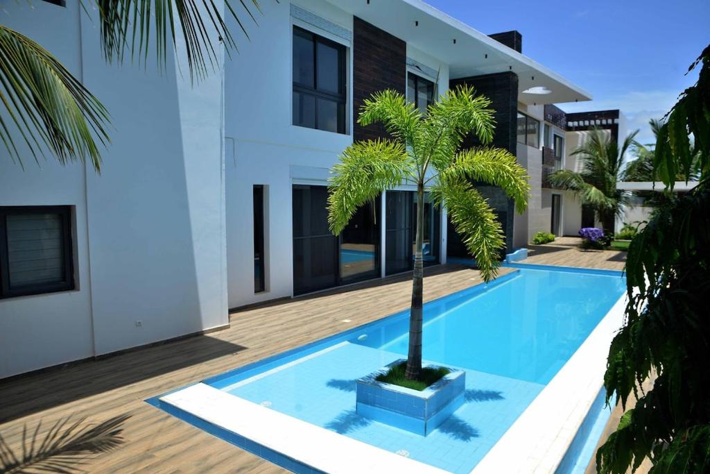 a swimming pool with a palm tree in front of a house at PalmView - Saly Ngaparou in Saly Portudal