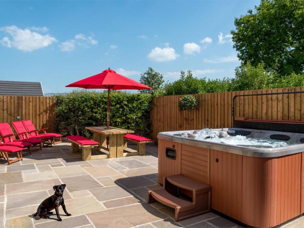 un perro sentado en un patio con bañera de hidromasaje en 4 Bed in Ystradgynlais BN343, en Ystalyfera