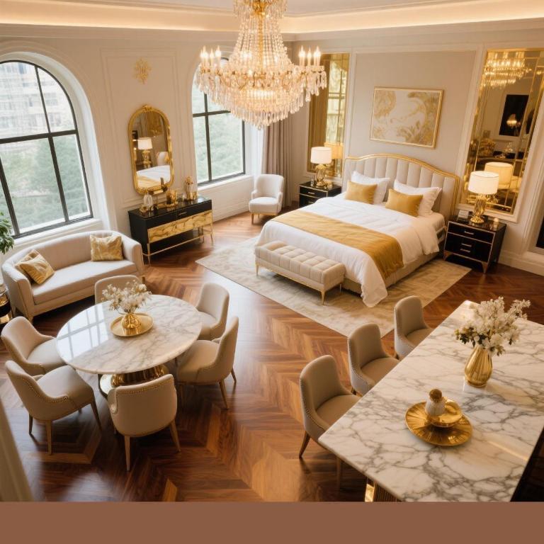 ベオグラードにあるBG Apartmentのベッドルーム1室(ベッド1台、テーブル2台、椅子付)
