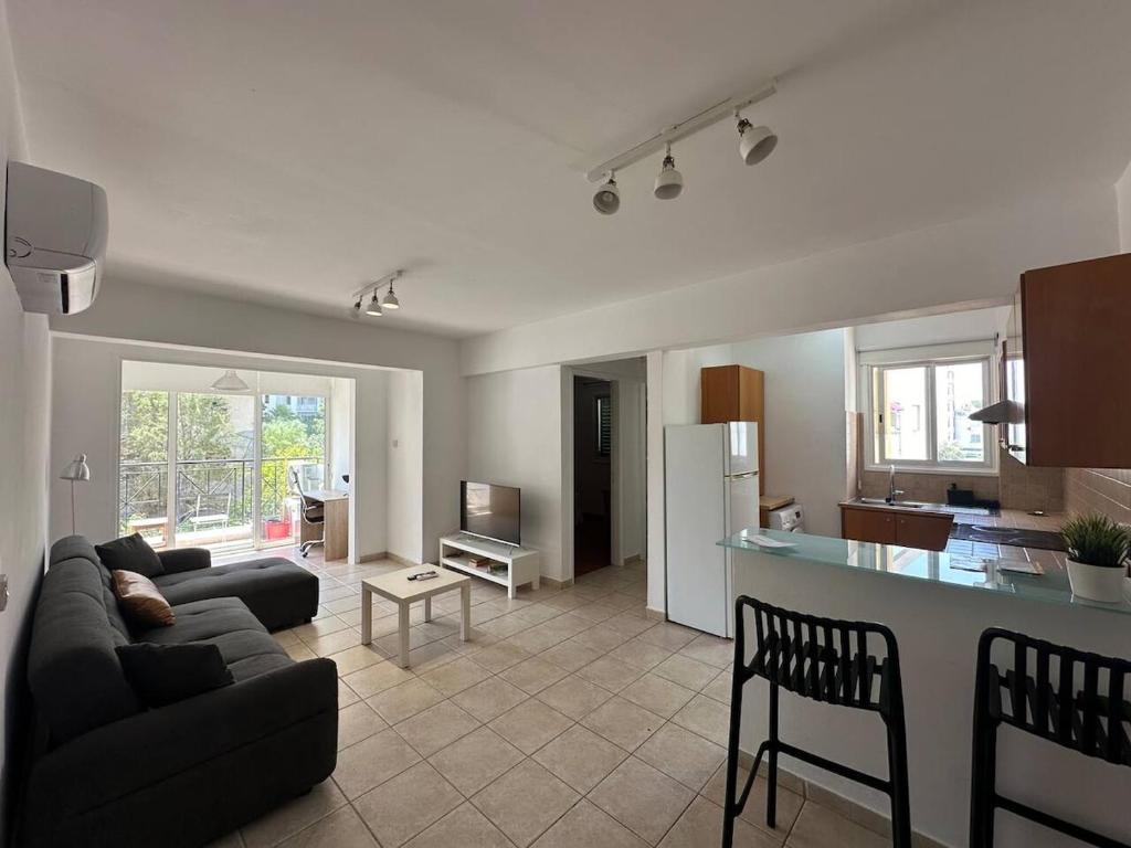 a living room with a couch and a kitchen at Spacious City Center - Suite 203 in Nicosia