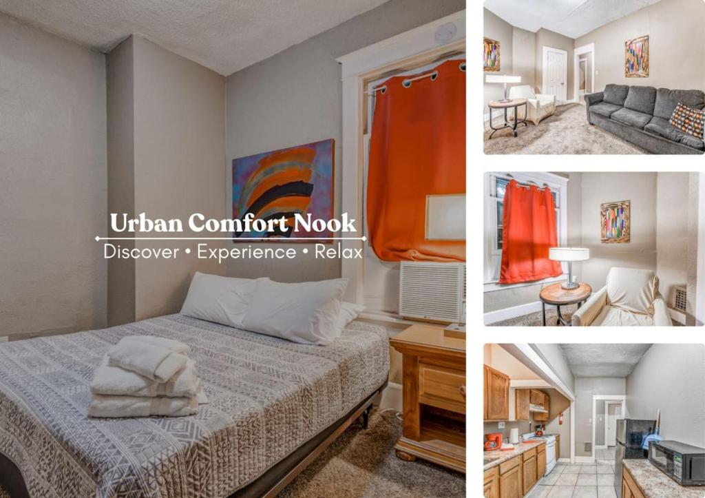 un collage di tre foto di una camera da letto di Urban Comfort Nook - Walk to Overton Park a Memphis