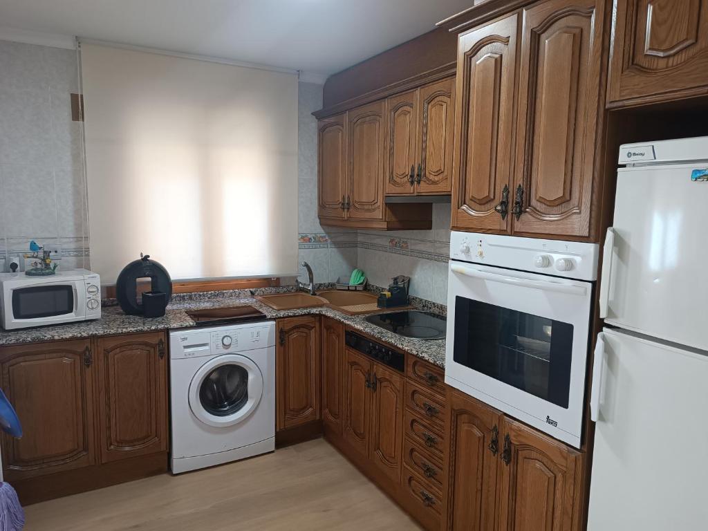 a kitchen with wooden cabinets and a washer and dryer at Apartamento Nayara in Alcañiz
