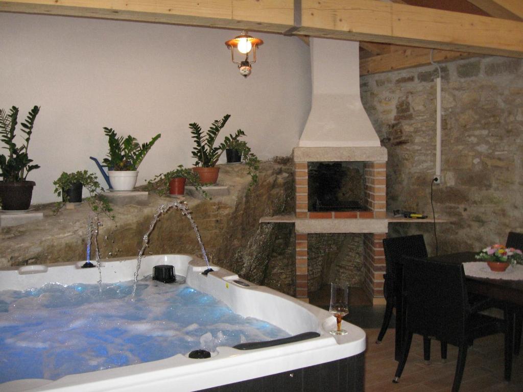 a hot tub with a fireplace in a living room at Apartments Alen in Pazin