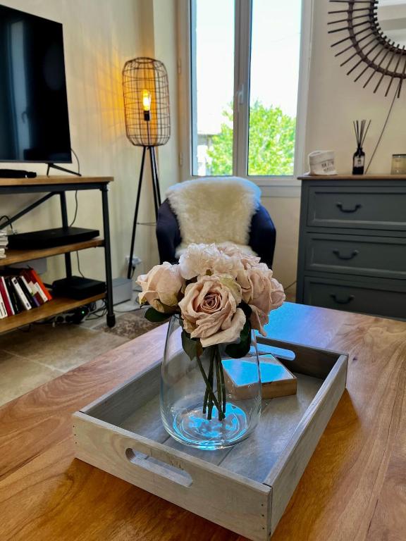 a vase of flowers on a table in a living room at Spacieux T3 en duplex rénové avec terrasse in Saint-Rémy-de-Provence