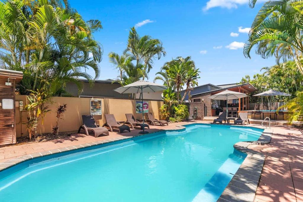 Private Poolside Villa في Urangan: حمام سباحة مع كراسي وأشجار النخيل