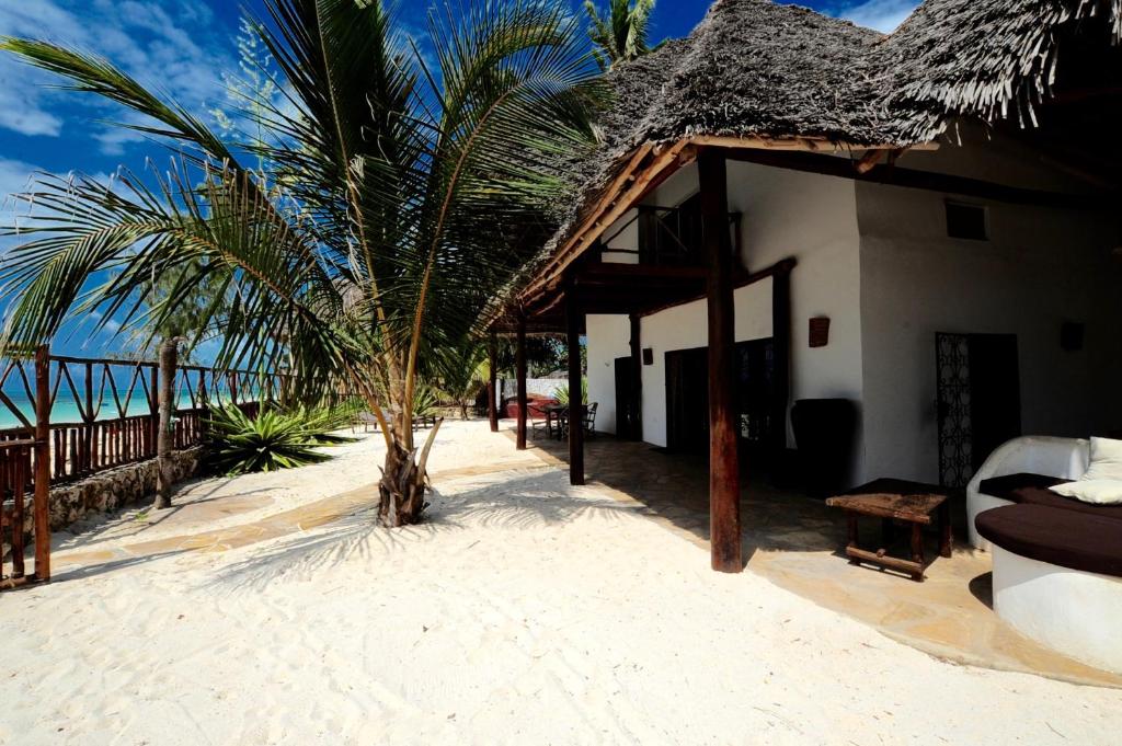 un complejo en la playa con una cama y una palmera en Beachfront Villa Patti ZanzibarHouses, en Kiwengwa