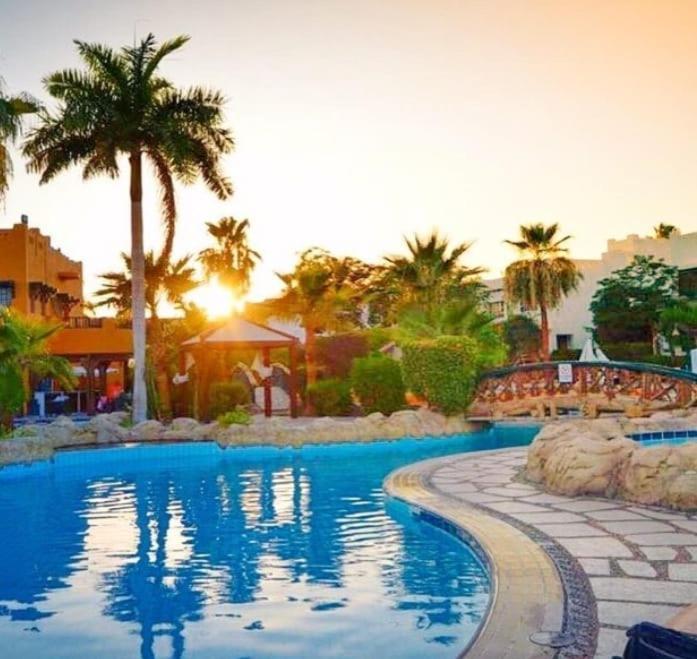 a swimming pool in a resort with palm trees at Studio 102-108 in Banī Ghālib