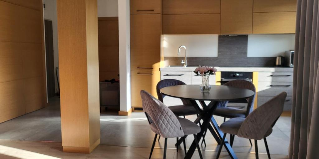 a kitchen with a table and chairs in a kitchen at Apartament Wenecja z ogródkiem,parking in Ostrów Wielkopolski