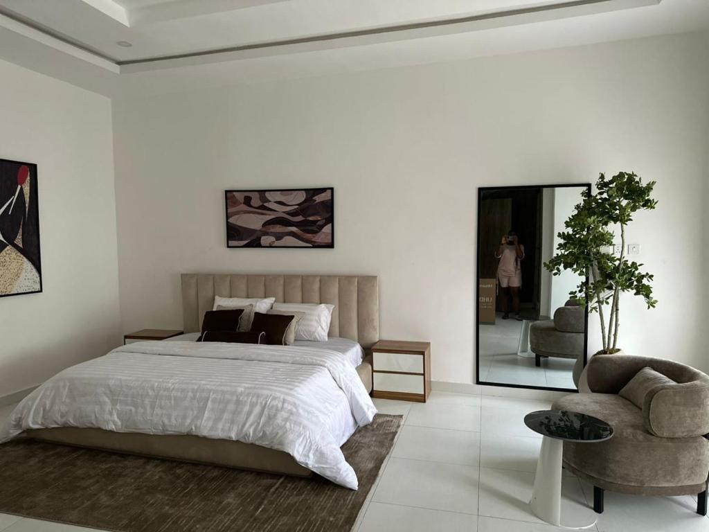 a bedroom with a bed and a chair and a mirror at Crystal's apartment in a secure estate with pool in Ibeju