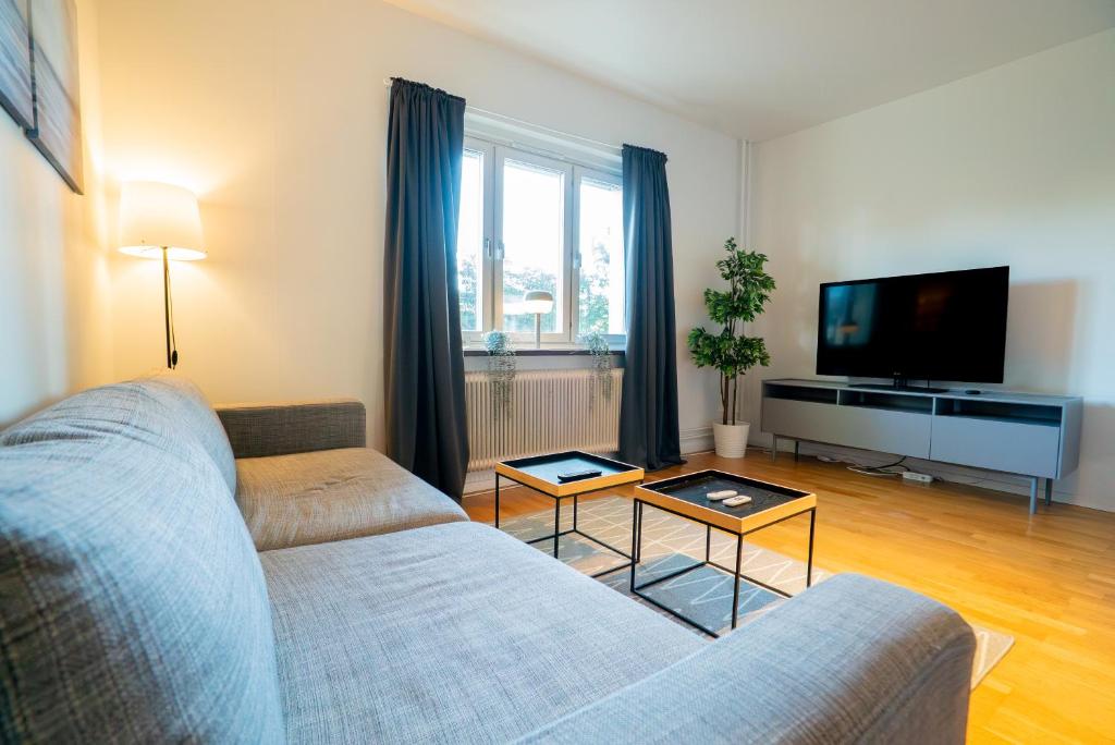 a living room with a couch and a tv at Central Studio, Near City & Tram - Brämaregården in Gothenburg