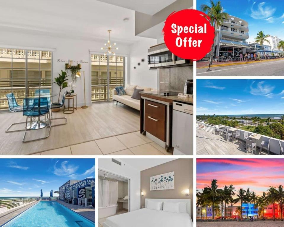 a collage of pictures of a house with a sign special offer at Miami Ocean Drive 1BR APT & Rooftop Pool Access in Miami Beach