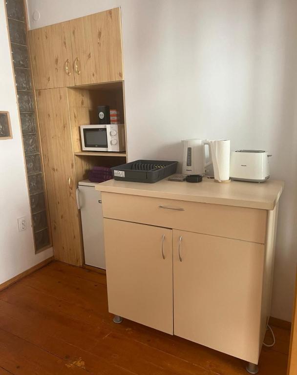 a kitchen with a counter top with a microwave at R&M old town sibiu in Sibiu