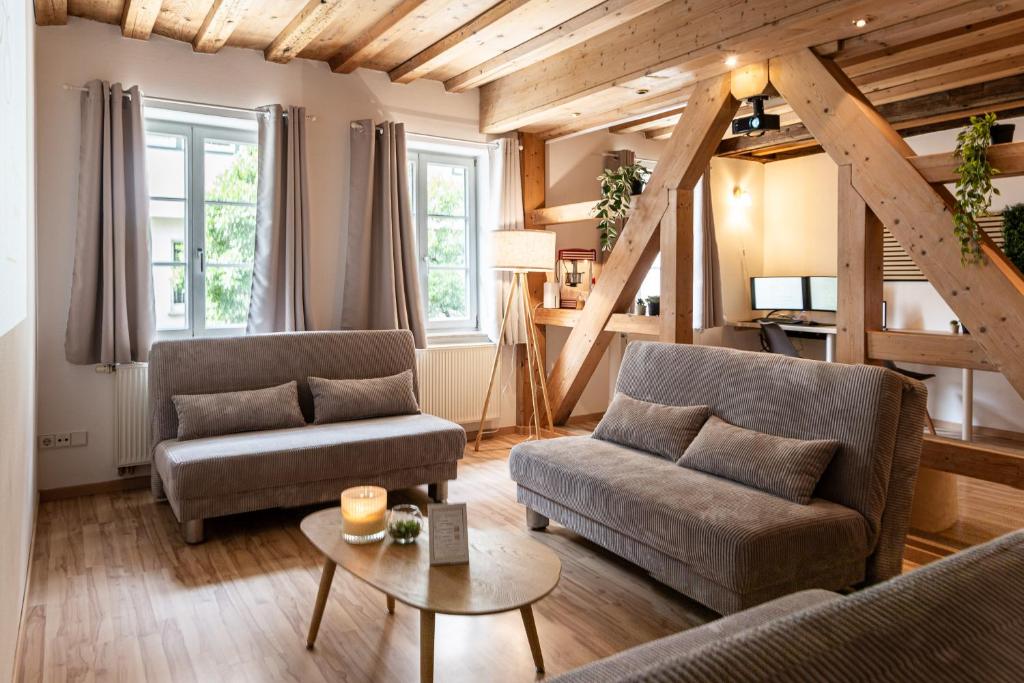 a living room with two couches and a table at Holiday&Stay Apartment Big Blue Beamer 10 Personen in Blaubeuren