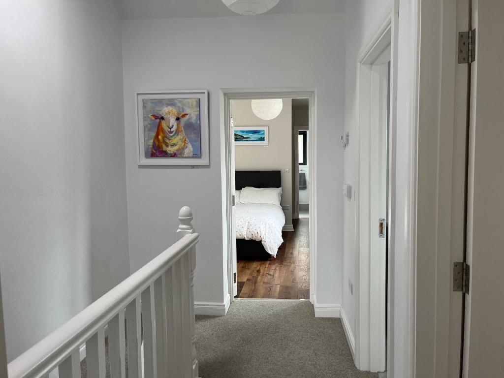 a room with a hallway with a picture of a cow on the wall at Sunberry 2 Bright Modern Entire Home, Headford in Headford