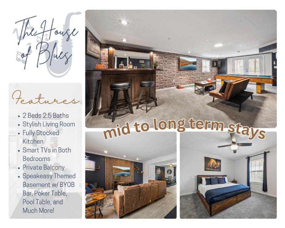 a collage of three pictures of a living room at House of Blues Theme 2BR 2BA Game Area WD in Smyrna