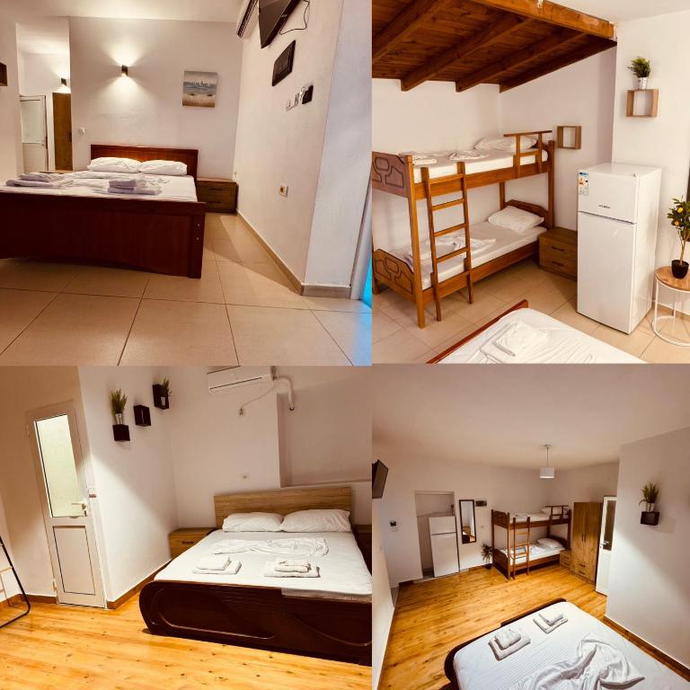 two pictures of a room with two beds and a bedroom at Prinnos Rooms Himare in Himare