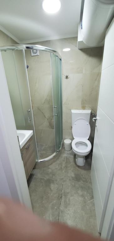 a bathroom with a shower and a toilet and a sink at Condo Studio Inn "near Delta Planet" in Niš