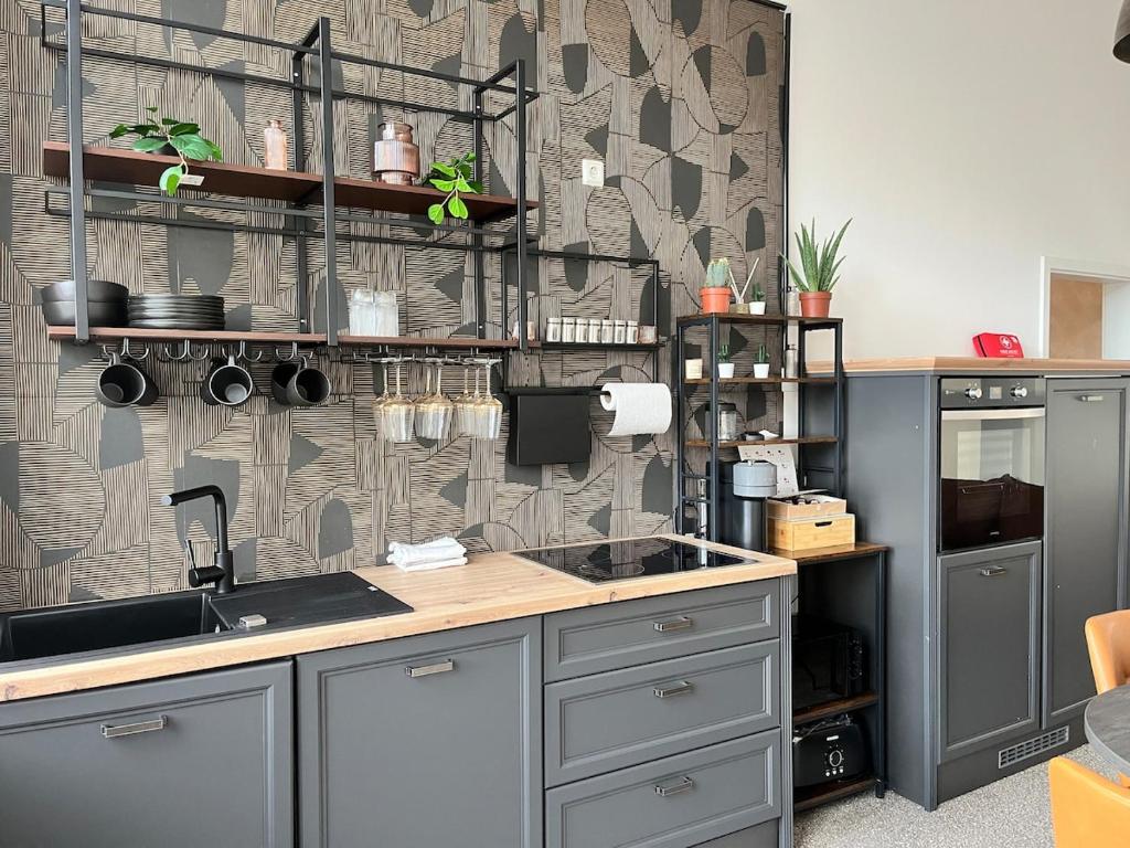 een keuken met een spoelbak en een aanrechtblad bij Altbau-Juwel, Antik trifft Modern im Denkmalhaus in Saarbrücken