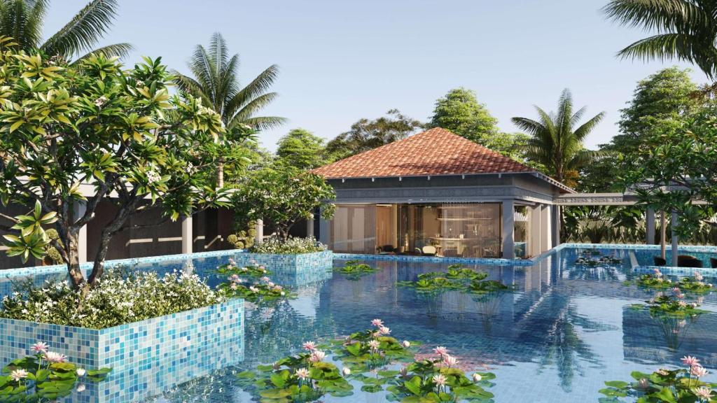 a rendering of a villa with a swimming pool at Hilton Hyderabad Genome Valley Resort & Spa in Hyderabad
