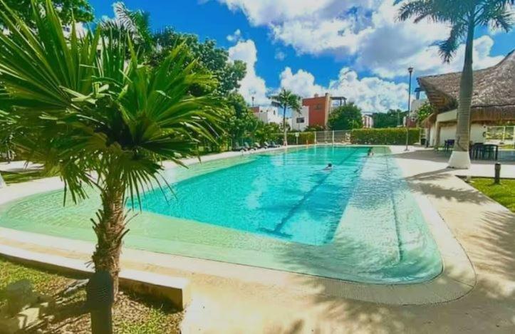 a large swimming pool with a palm tree next to it at Paraíso Liverte Cancún 603 in Cancún