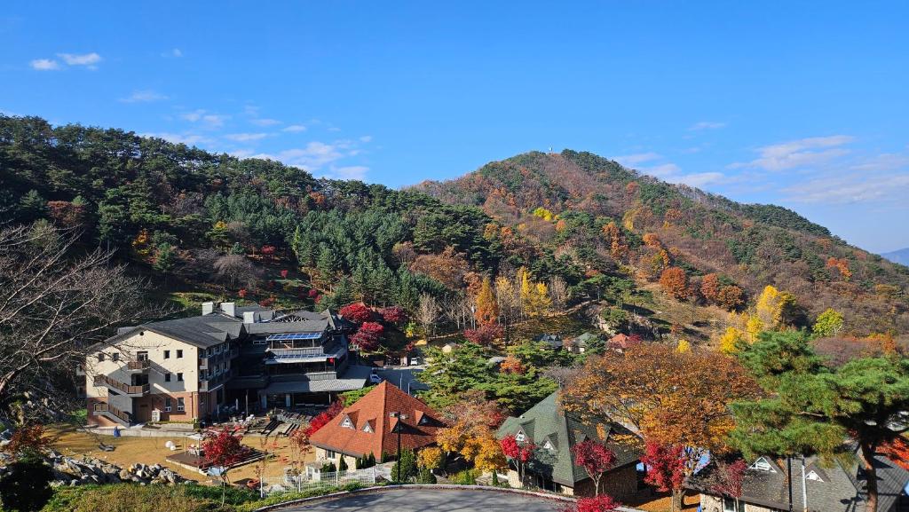 an aerial view of a building in front of a mountain at Nine Valley Park in Boeun