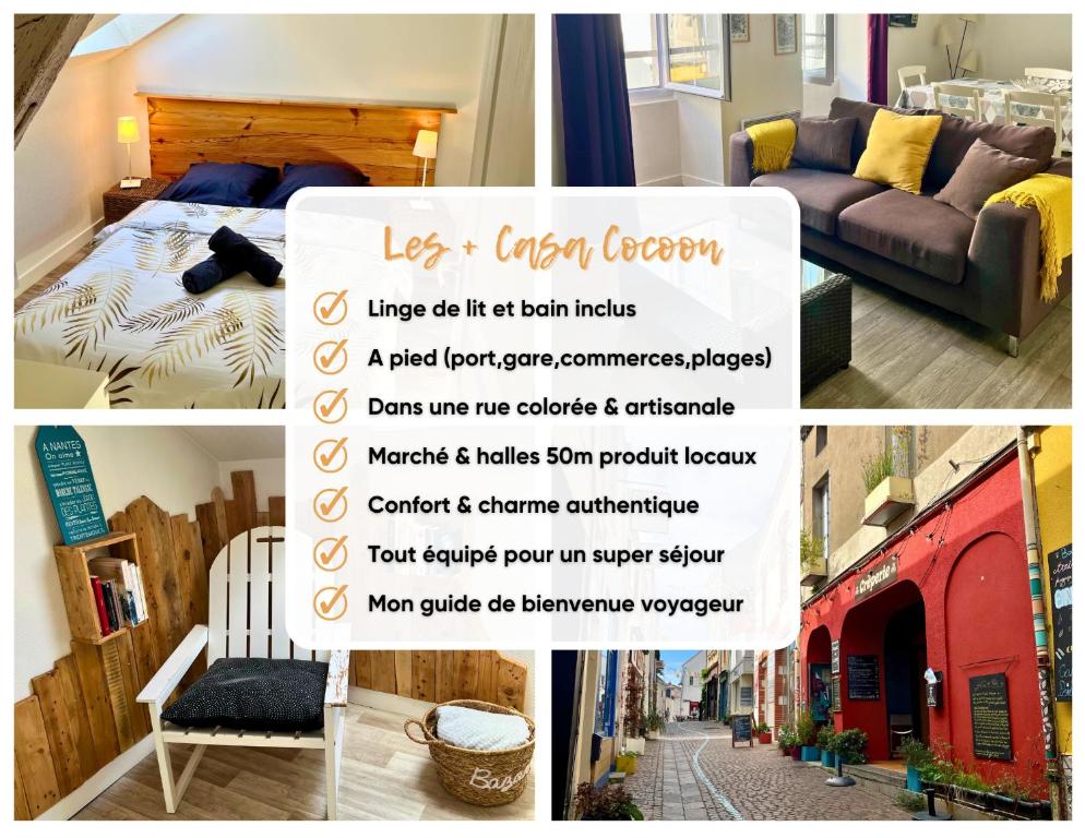 a collage of pictures of a living room with a sign at Casa Cocon -Charmant T3-plages, centre ville- 4 personnes in Pornic