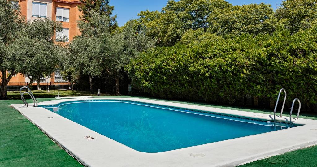 a swimming pool in a yard with trees and a building at Apartamentos Vértice Bib Rambla in Seville